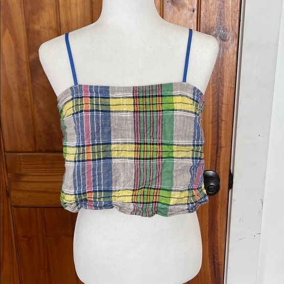 Urban Outfitters Tops - Urban Outfitters Cropped Halter Top Medium Plaid cotton linen Pink blue green